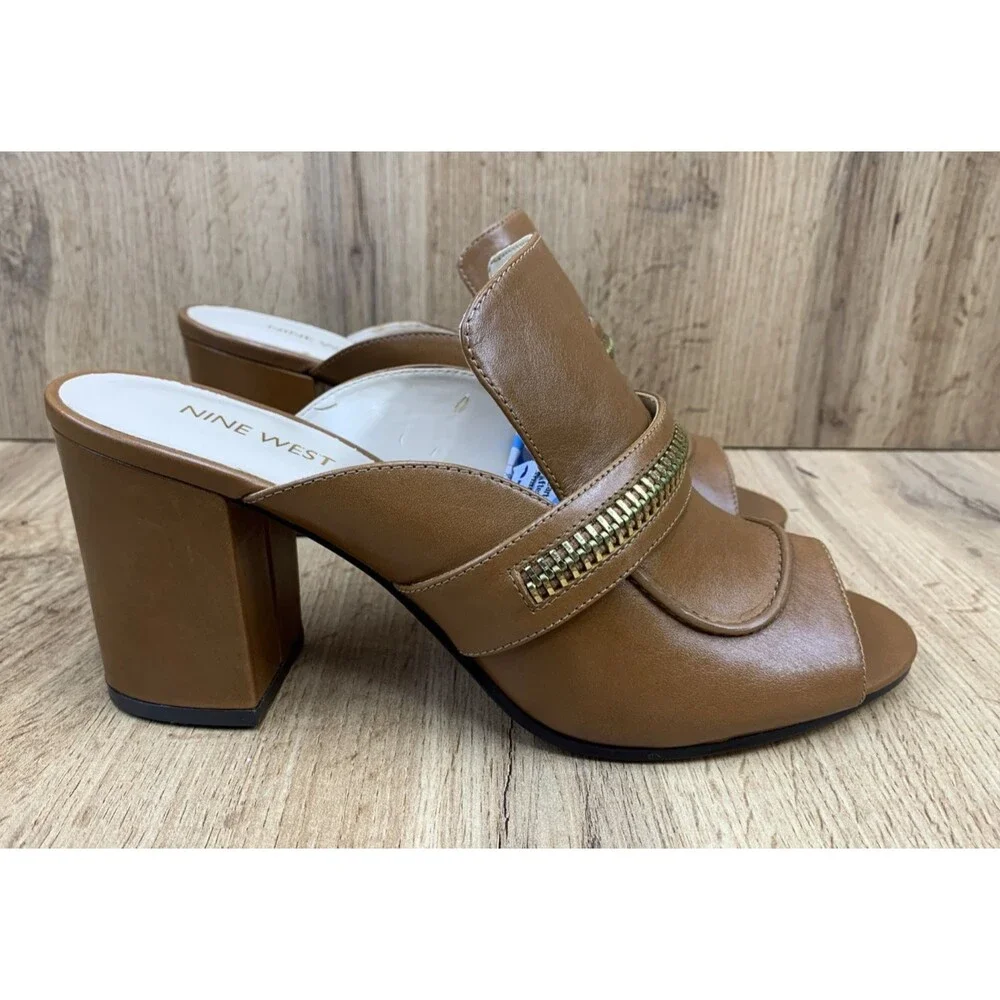 Nine West Womens Gerri Block Heel Slip On Open Toe Shoes Zipper Accent  Sz 9.5 M - Picture 2 of 16